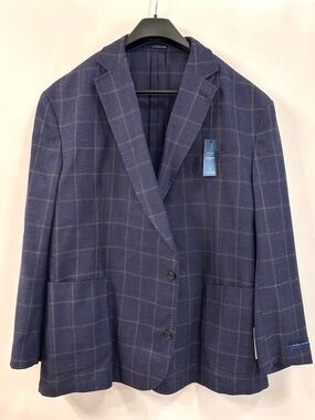 NWT Stafford Blazer Sport Coat Windowpane Navy Blue Mens 56R Wool Blend $220